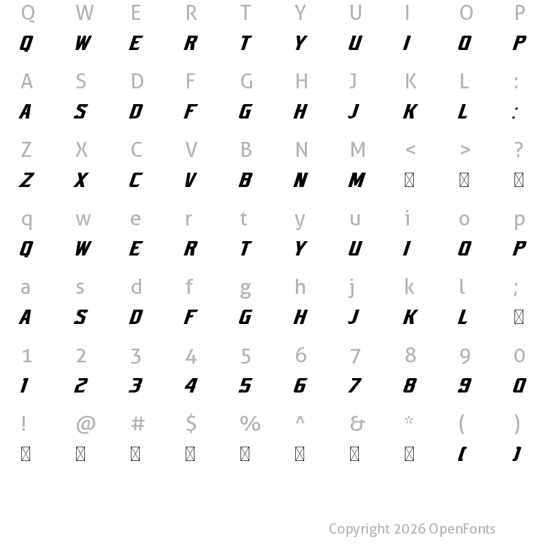 Character Map of AZN Unified Oblique