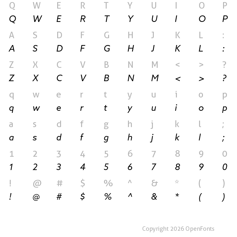 Character Map of Azo Sans Italic