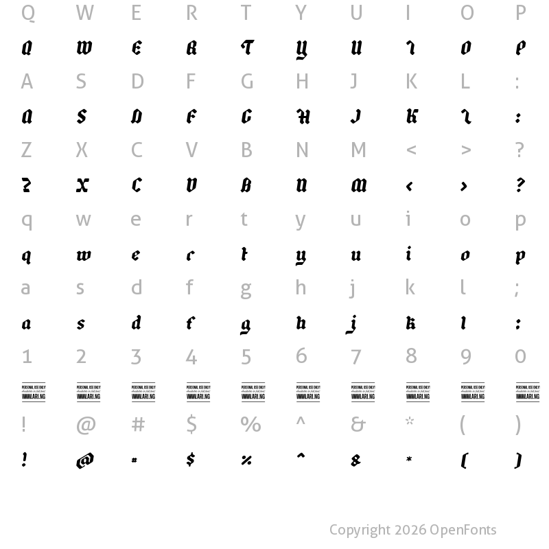 Character Map of Backyard Black PERSONAL Italic