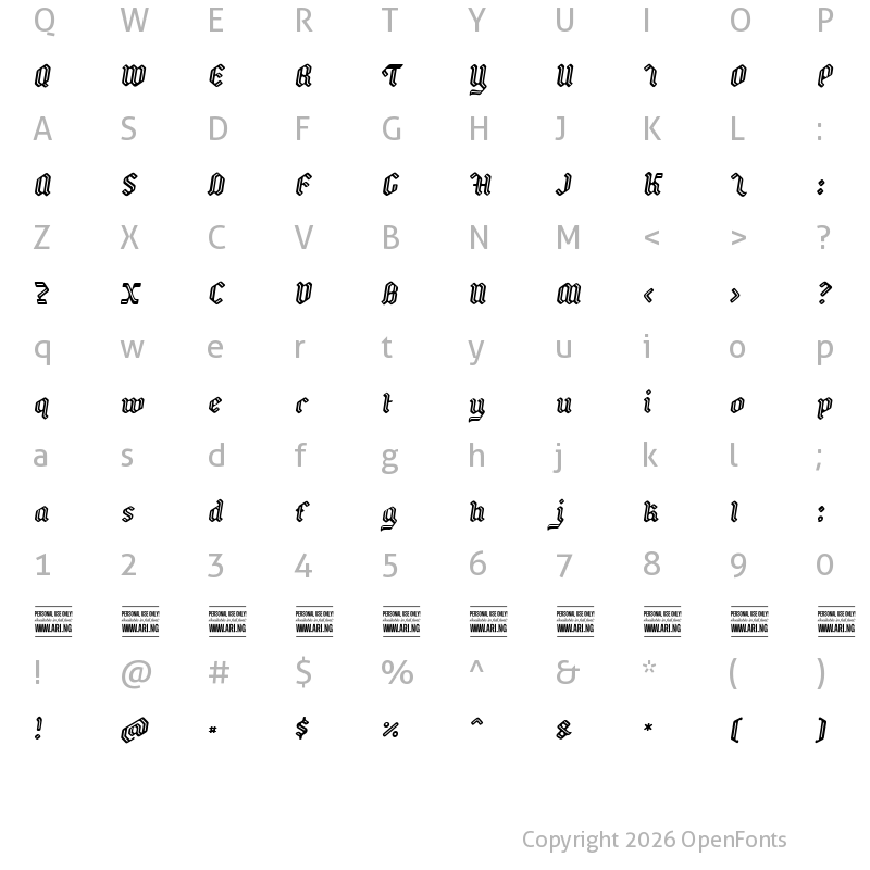 Character Map of Backyard PERSONAL Italic