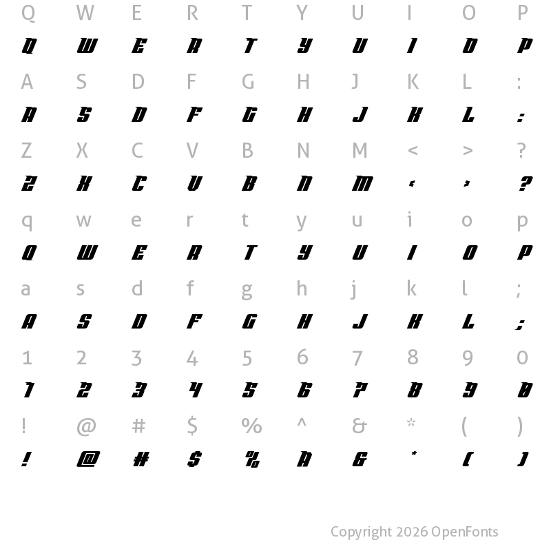 Character Map of Bandit & Snowman Wide Italic Regular
