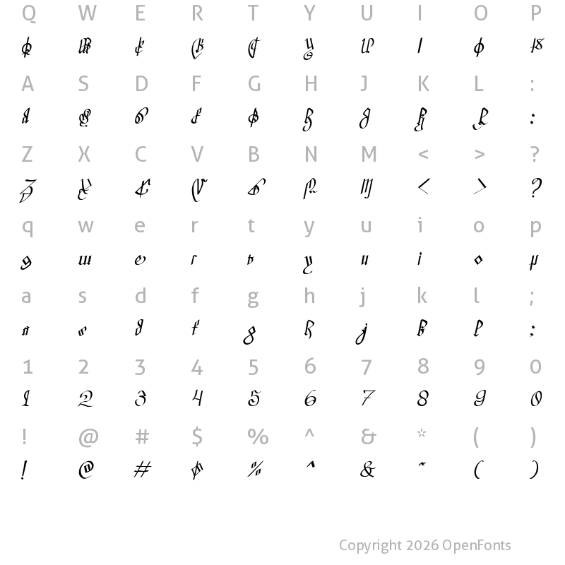 Character Map of Barmote Courthand Italic