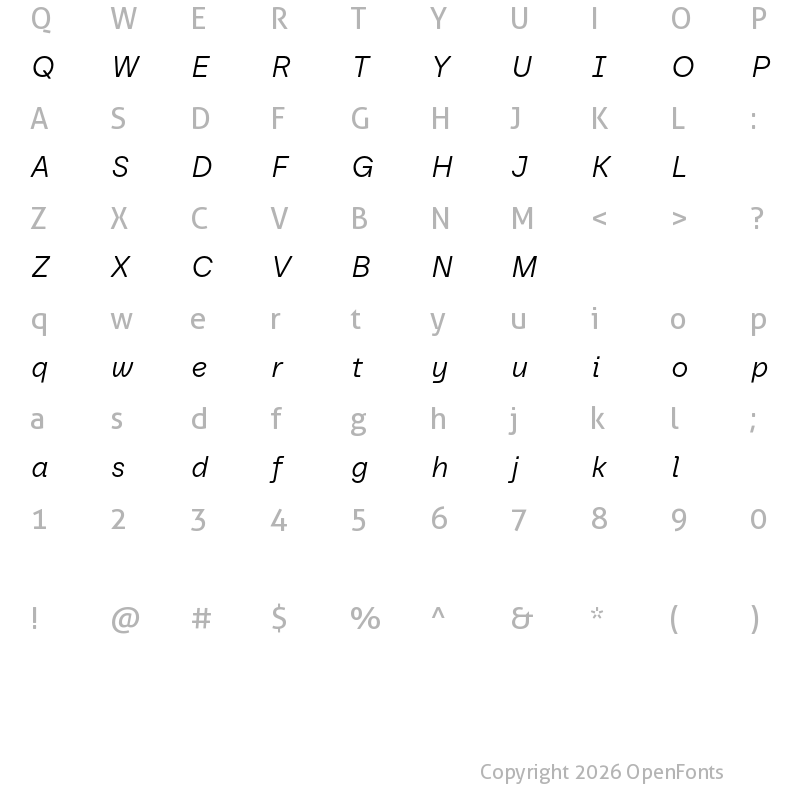 Character Map of Baru Sans Demo Light Italic