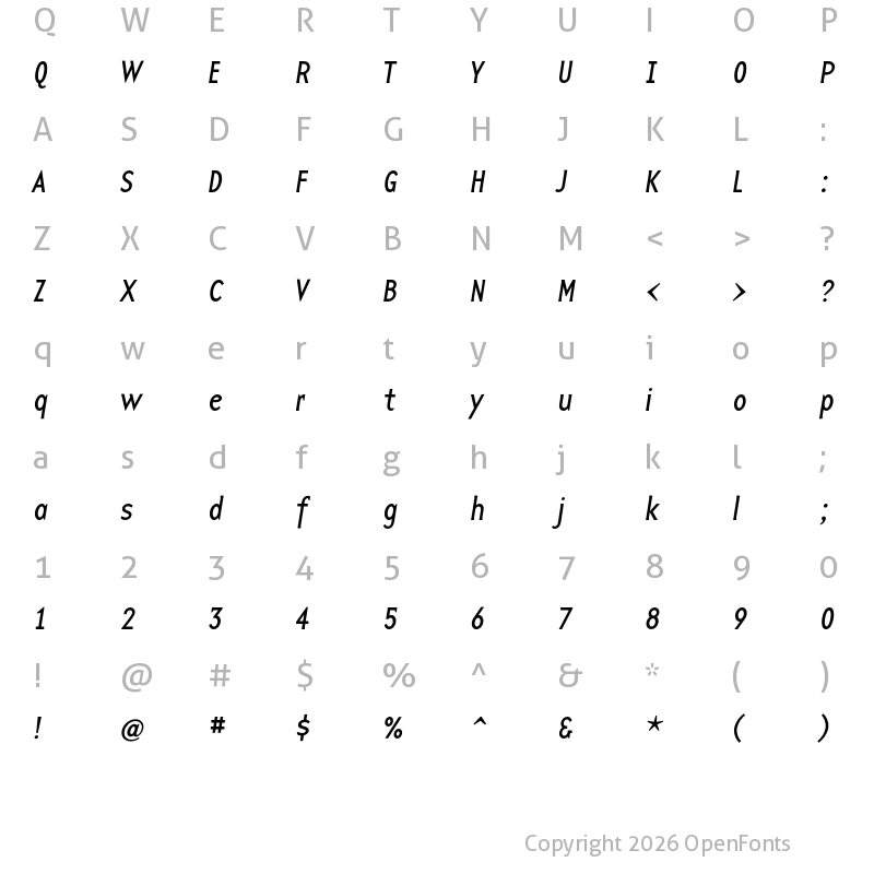 Character Map of Base 12 Sans OT Reg Italic
