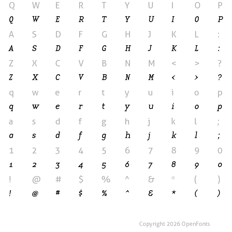 Character Map of Base 12 Serif OT Reg Italic
