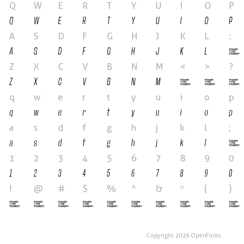 Character Map of Base Neue Trial Condensed Light Oblique