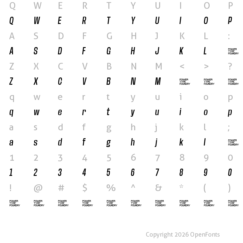 Character Map of Base Neue Trial Condensed Medium Oblique