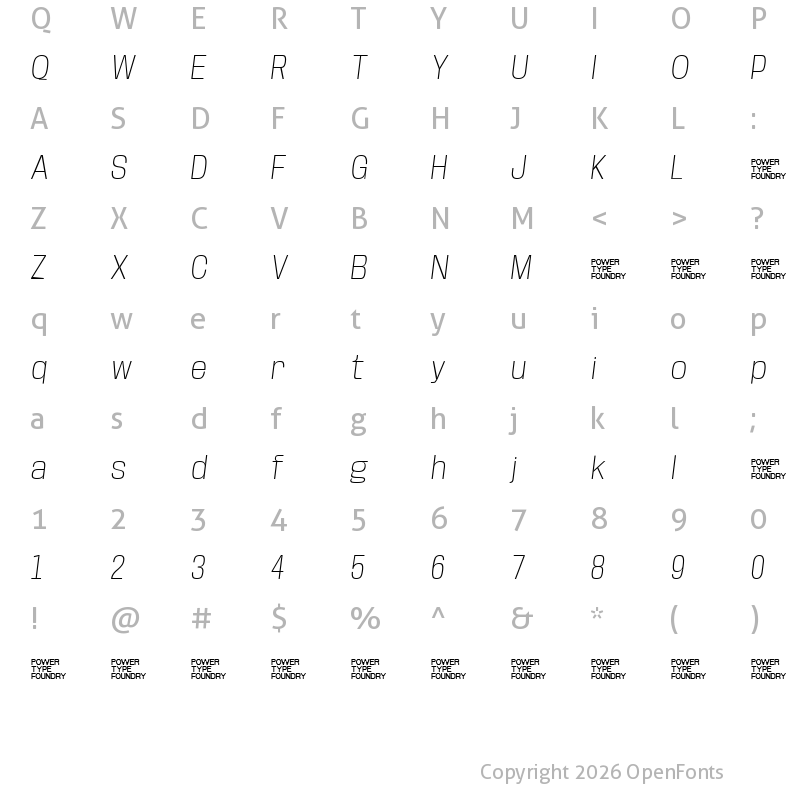 Character Map of Base Neue Trial Extra Light Oblique