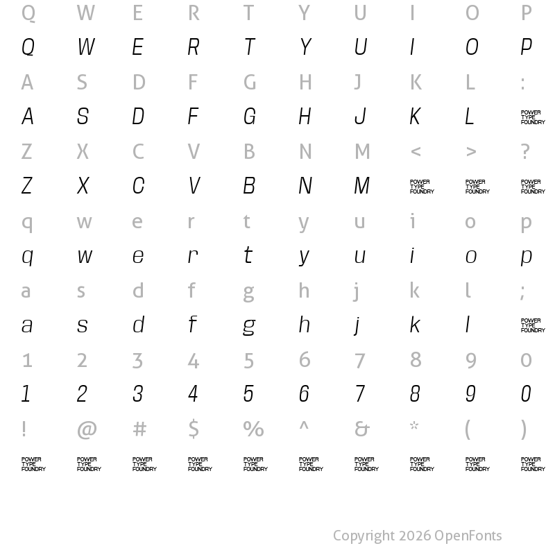 Character Map of Base Neue Trial Light Oblique