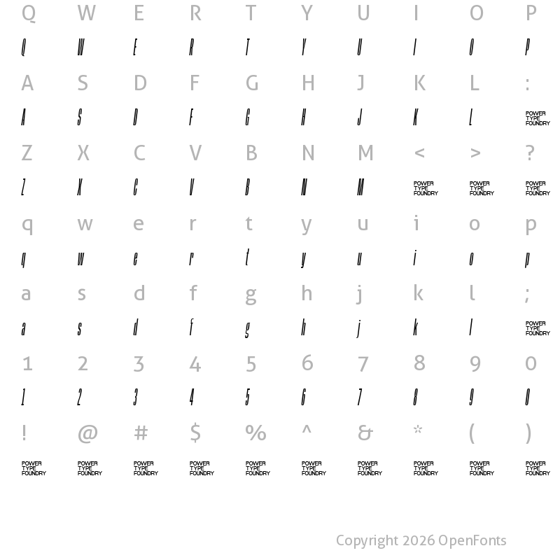 Character Map of Base Neue Trial Super Cond Light Oblique
