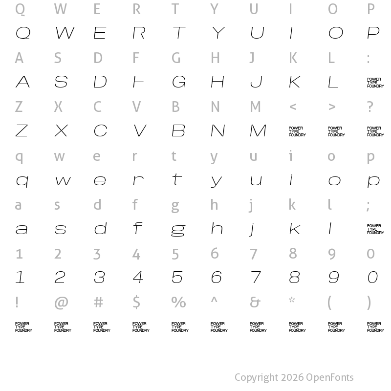Character Map of Base Neue Trial Super Exp Extra Light Oblique