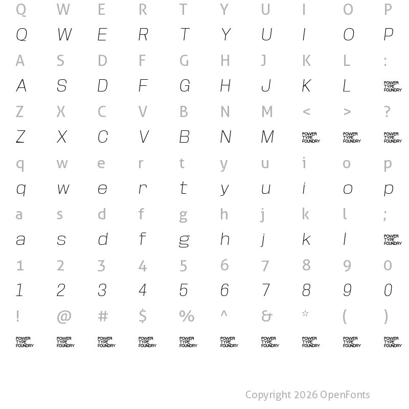 Character Map of Base Neue Trial Wide Extra Light Oblique
