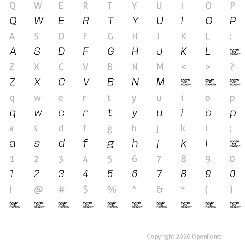 Character Map of Base Neue Trial Wide Light Oblique