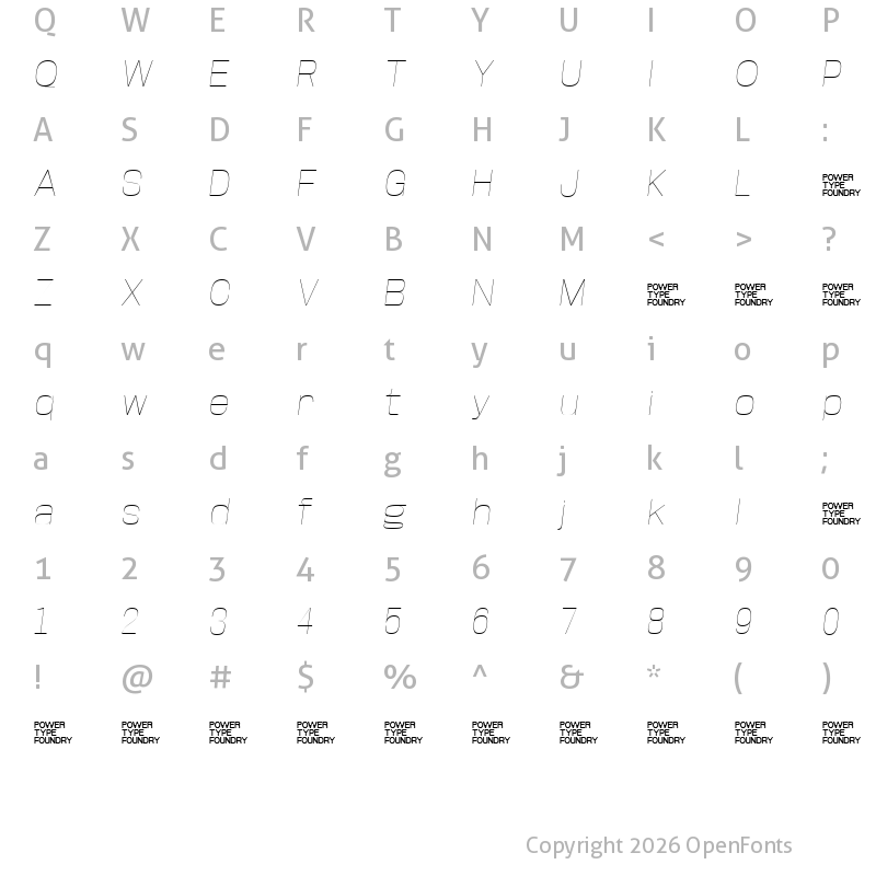 Character Map of Base Neue Trial Wide Thin Oblique