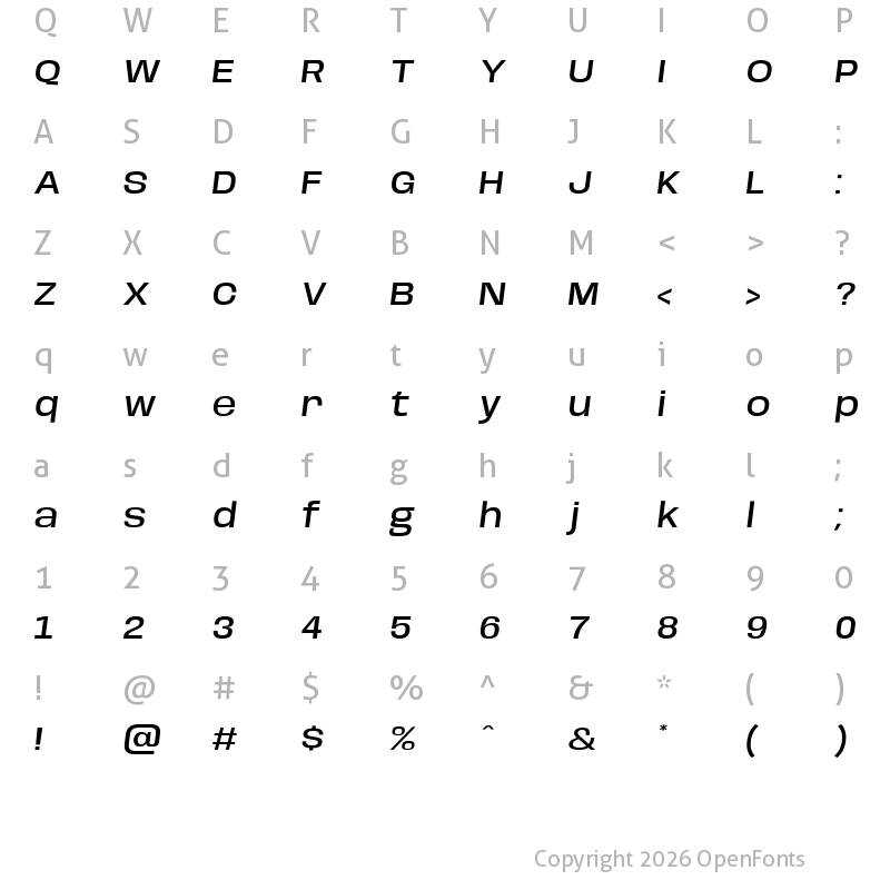 Character Map of Base Neue Wide Medium Oblique