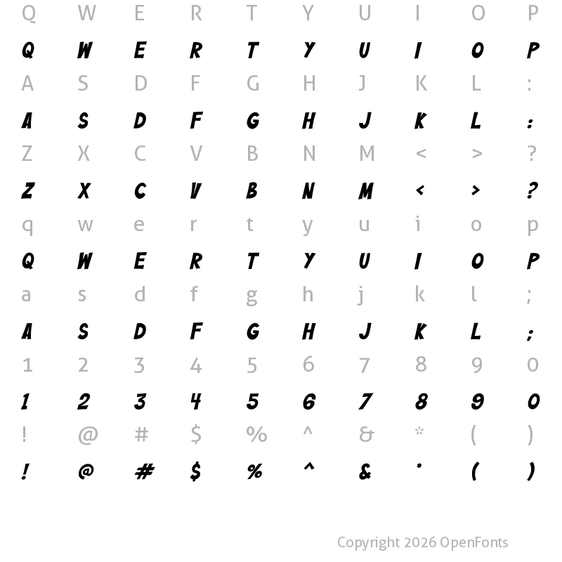 Character Map of Bazinga! Regular Italic