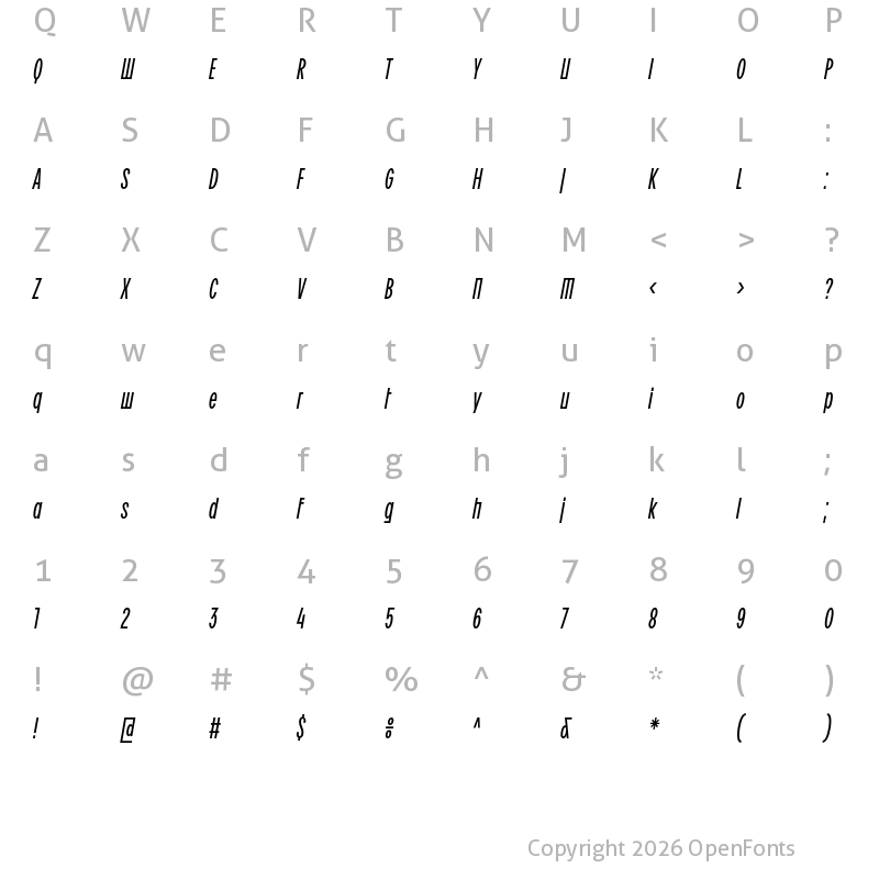 Character Map of BC Ludva Regular Slant