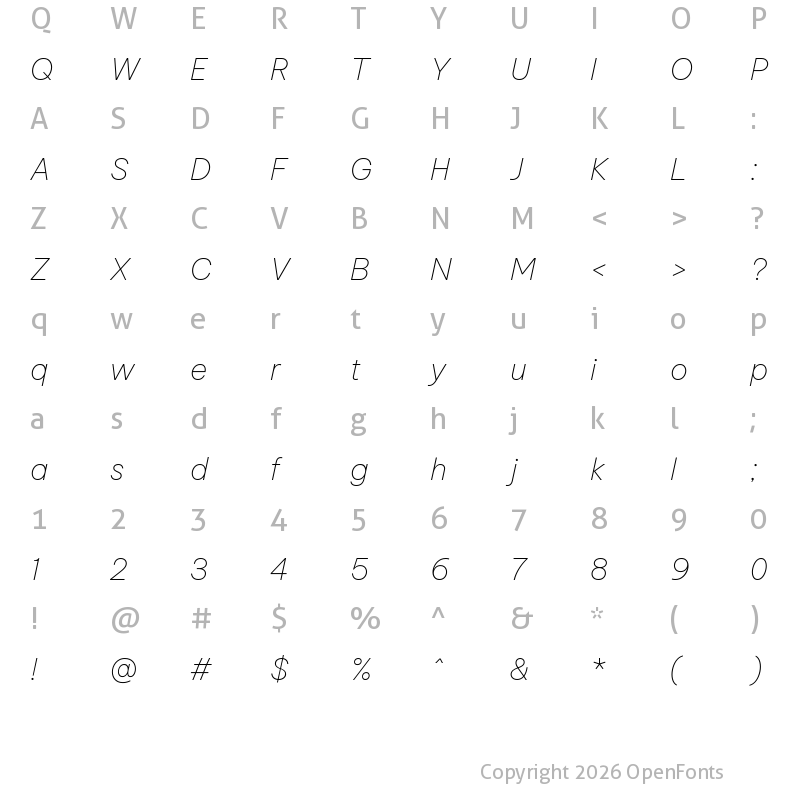 Character Map of Be Vietnam Pro Thin Italic