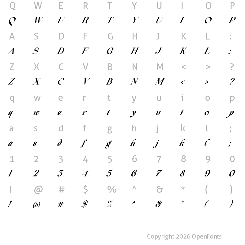 Character Map of Beautiful Comethrue Bold Condensed Italic