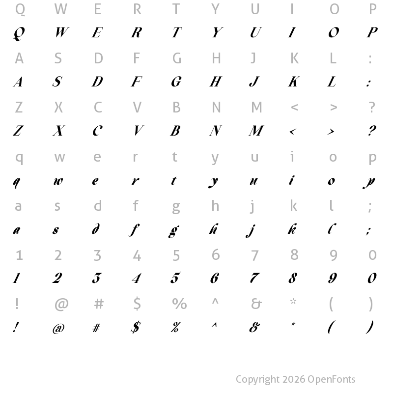 Character Map of Beautiful Comethrue Heavy Ultra Condensed Italic