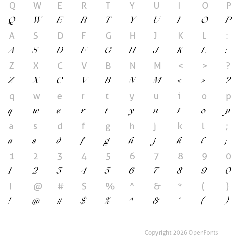 Character Map of Beautiful Comethrue Medium Condensed Italic