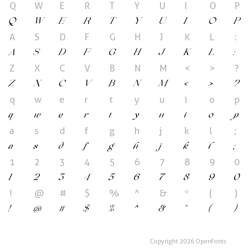 Character Map of Beautiful Comethrue Regular Italic