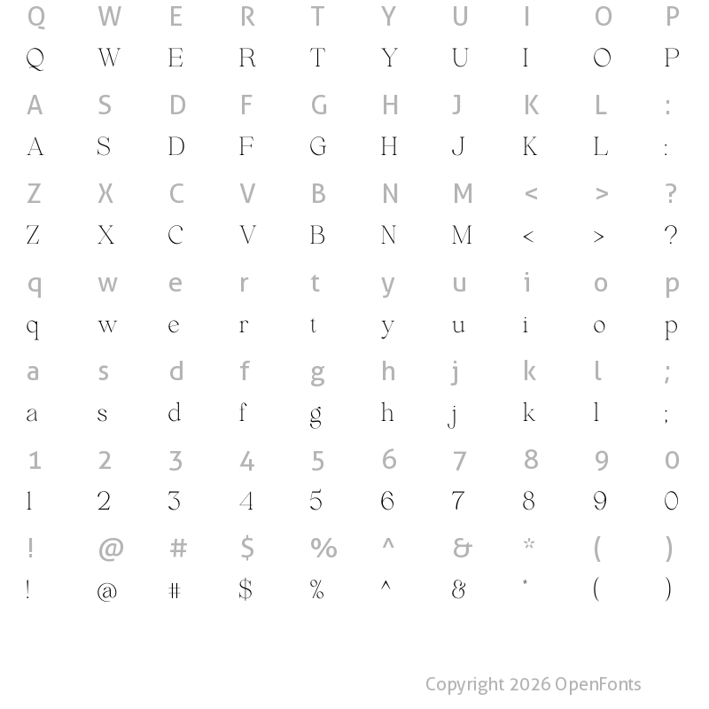 Character Map of Beautiful Comethrue Thin Ultra Condensed