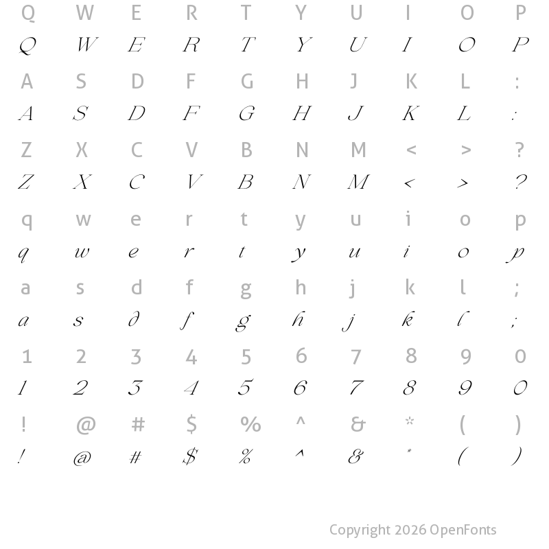 Character Map of Beautiful Comethrue Ultra Light Italic