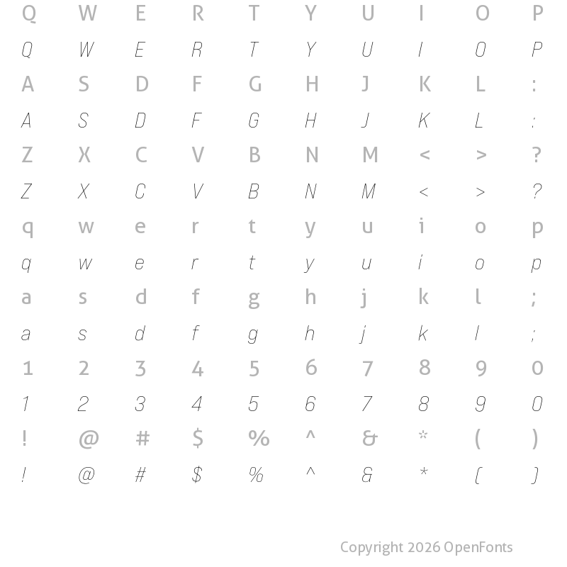 Character Map of Bebas Neue Pro Expanded Light Italic