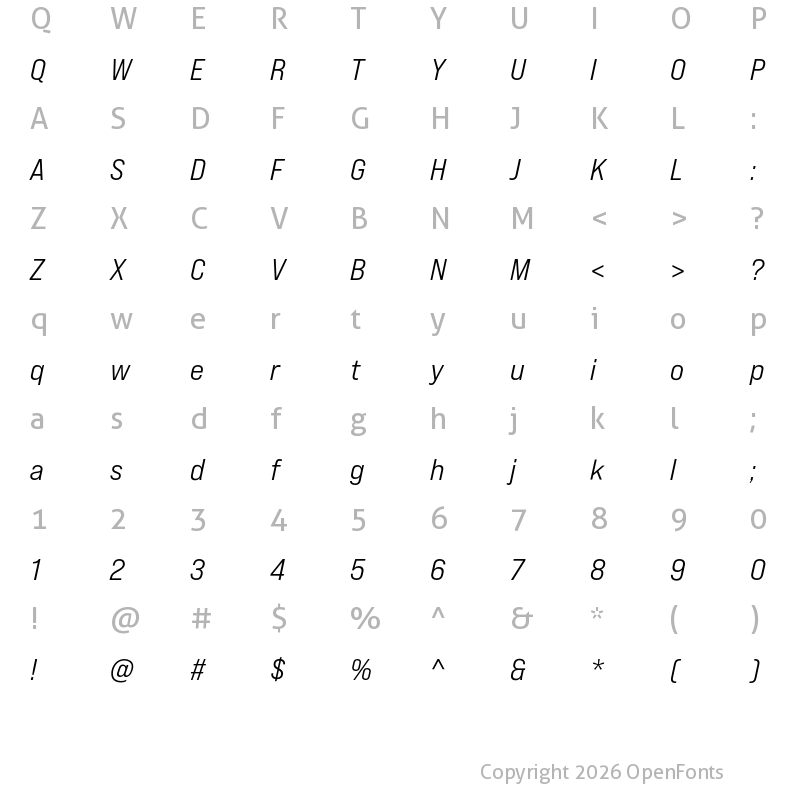 Character Map of Bebas Neue Pro Expanded Middle Italic