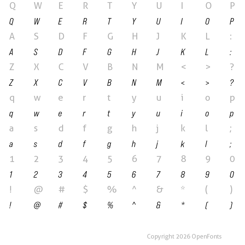 Character Map of Bebas Neue Pro SemiExpanded Middle Italic
