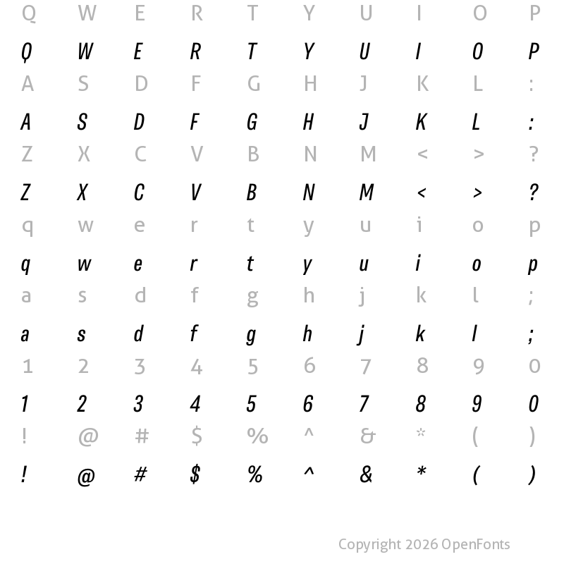 Character Map of Belarius Sans Narrow Oblique