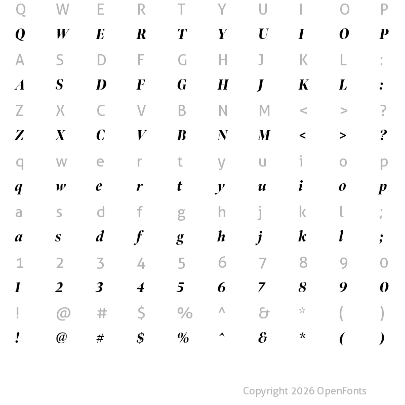 Character Map of Bennet Banner Condensed Extra Bold Italic