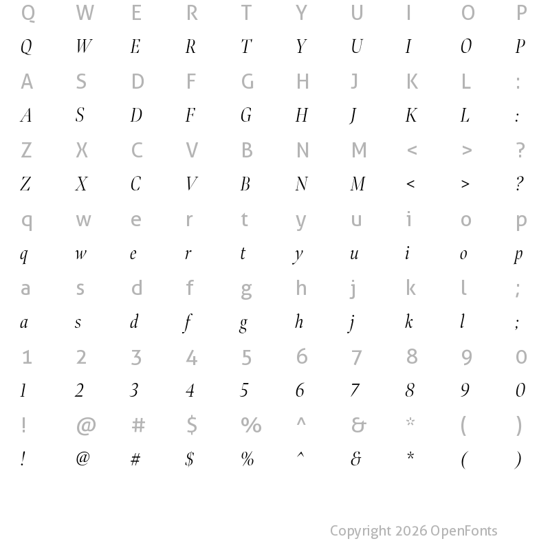 Character Map of Bennet Banner Condensed Light Italic
