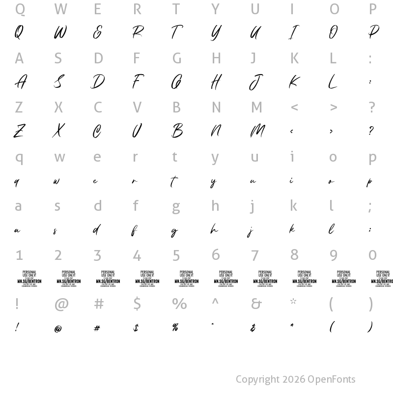 Character Map of Bentron Calligraphic PERSONAL Regular