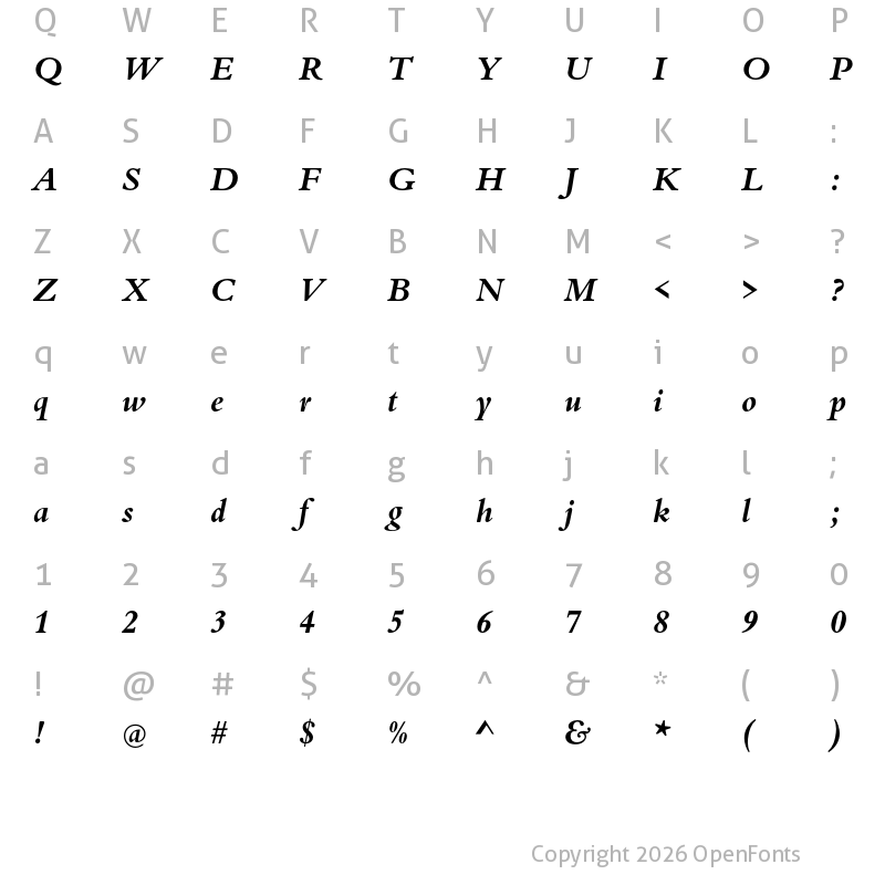 Character Map of Bergamo Std Bold Italic