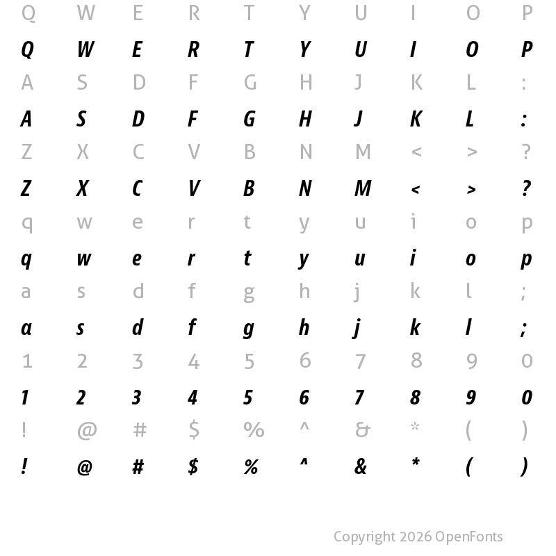 Character Map of Bernina Sans Condensed Bold Italic
