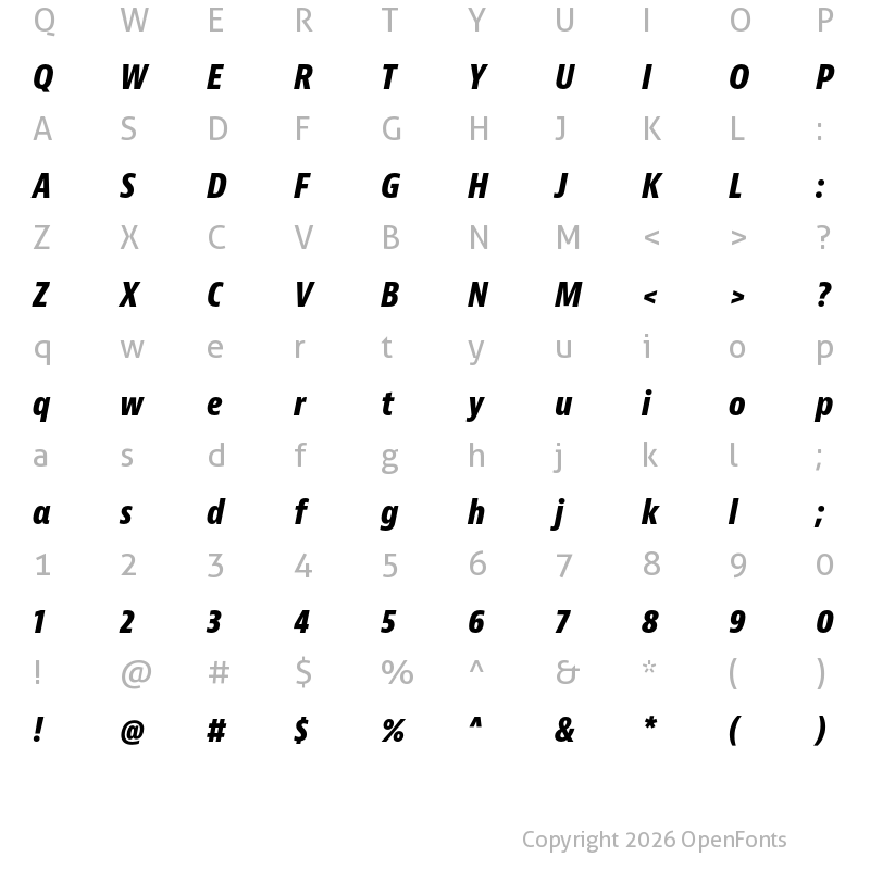 Character Map of Bernina Sans Condensed Extrabold Italic