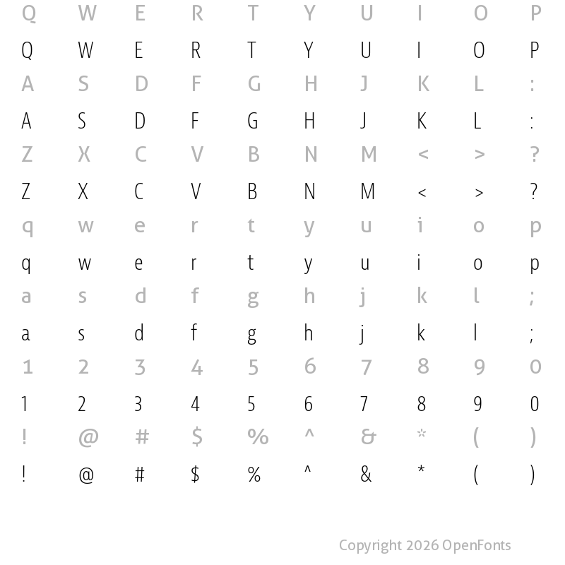 Character Map of Bernina Sans Condensed Light