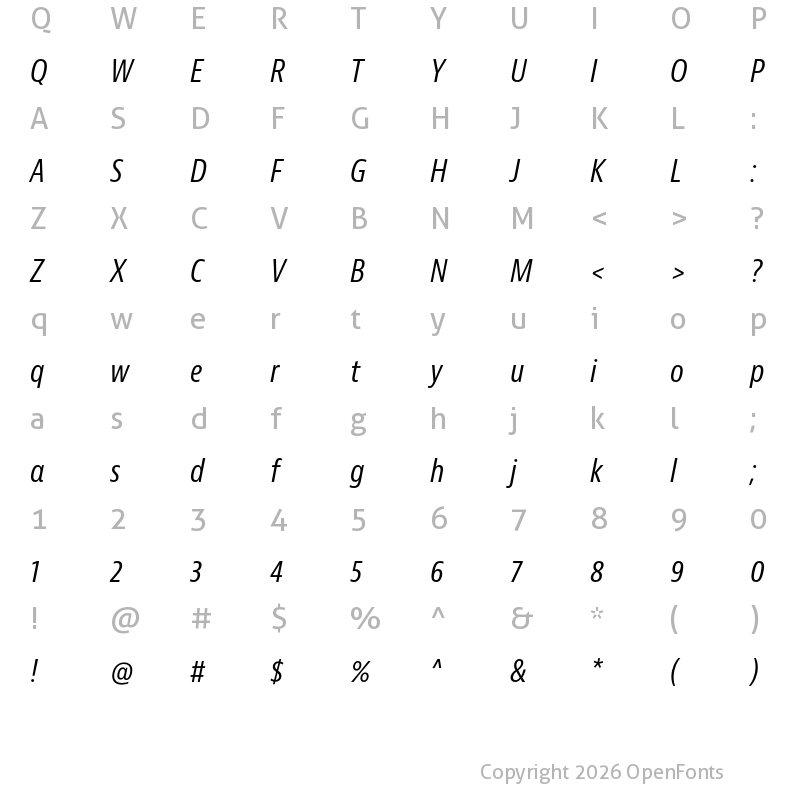 Character Map of Bernina Sans Condensed Regular Italic