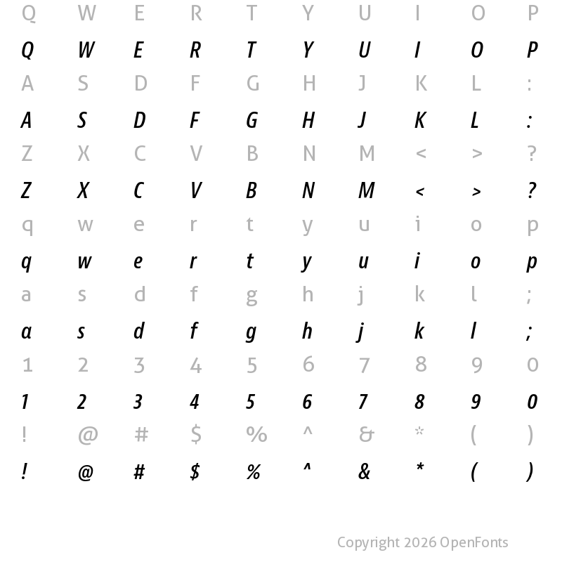Character Map of Bernina Sans Condensed Semibold Italic