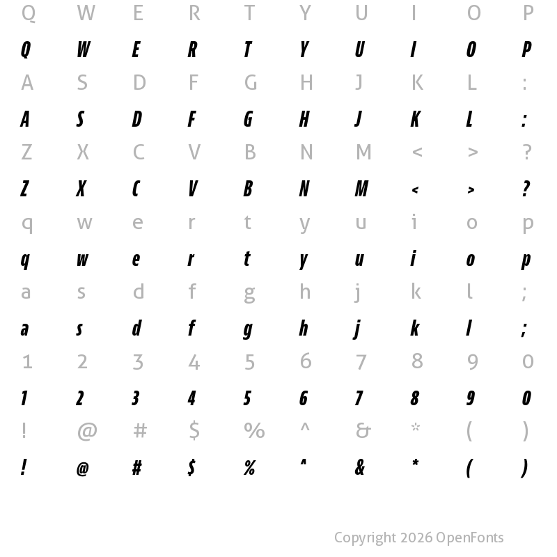 Character Map of Bernino Sans Compressed Extrabold Italic