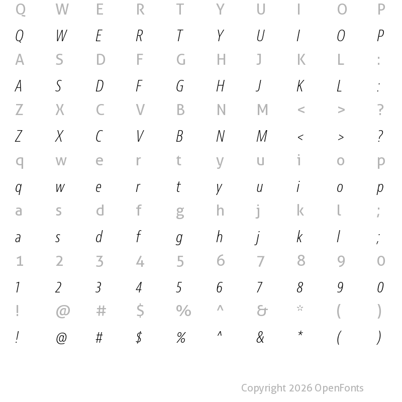Character Map of Bernino Sans Condensed Light Italic