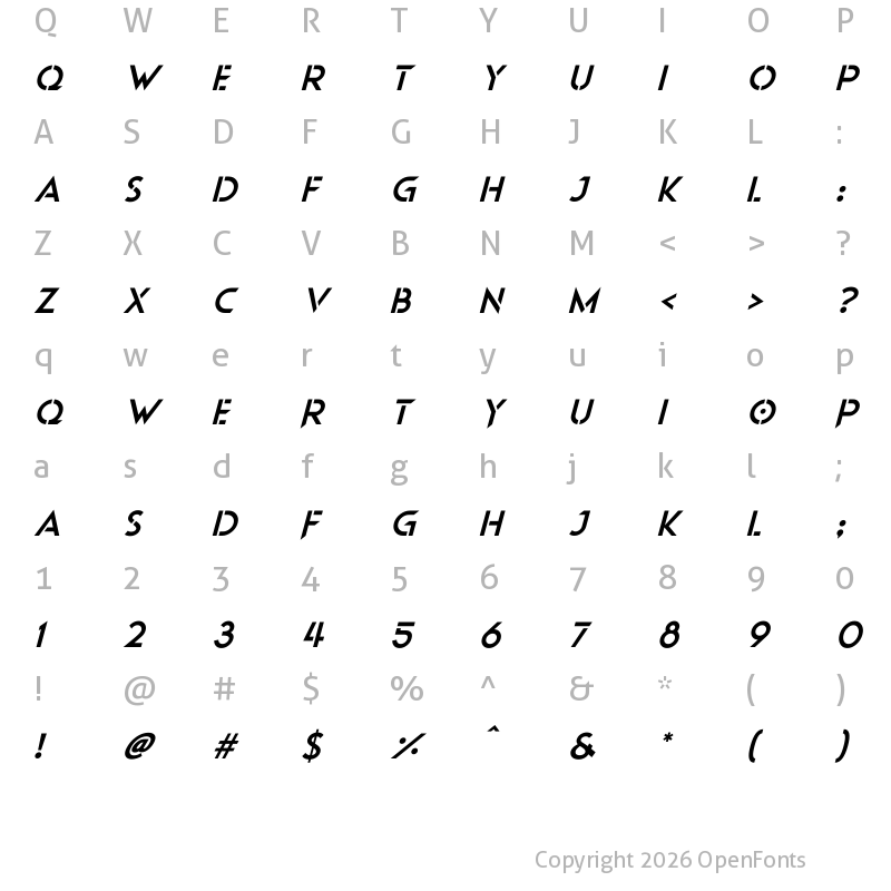 Character Map of Beyond Mars Italic