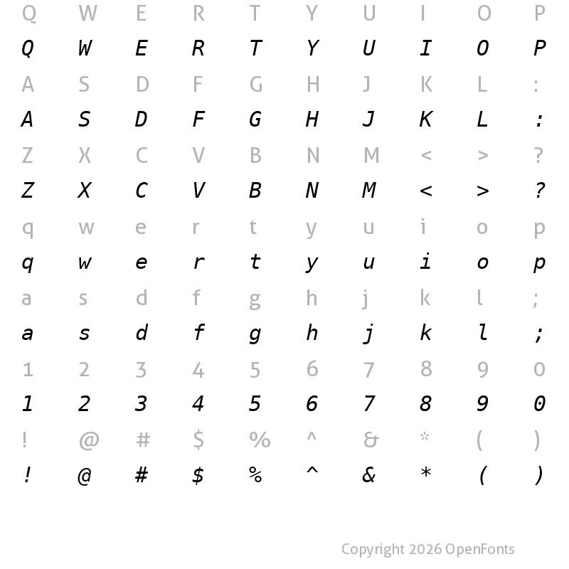 Character Map of Bitstream Vera Sans Mono Oblique