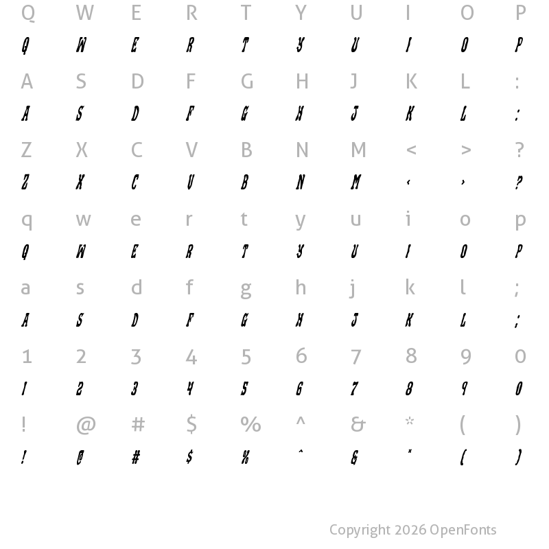 Character Map of Black Gunk Condensed Italic Condensed Italic