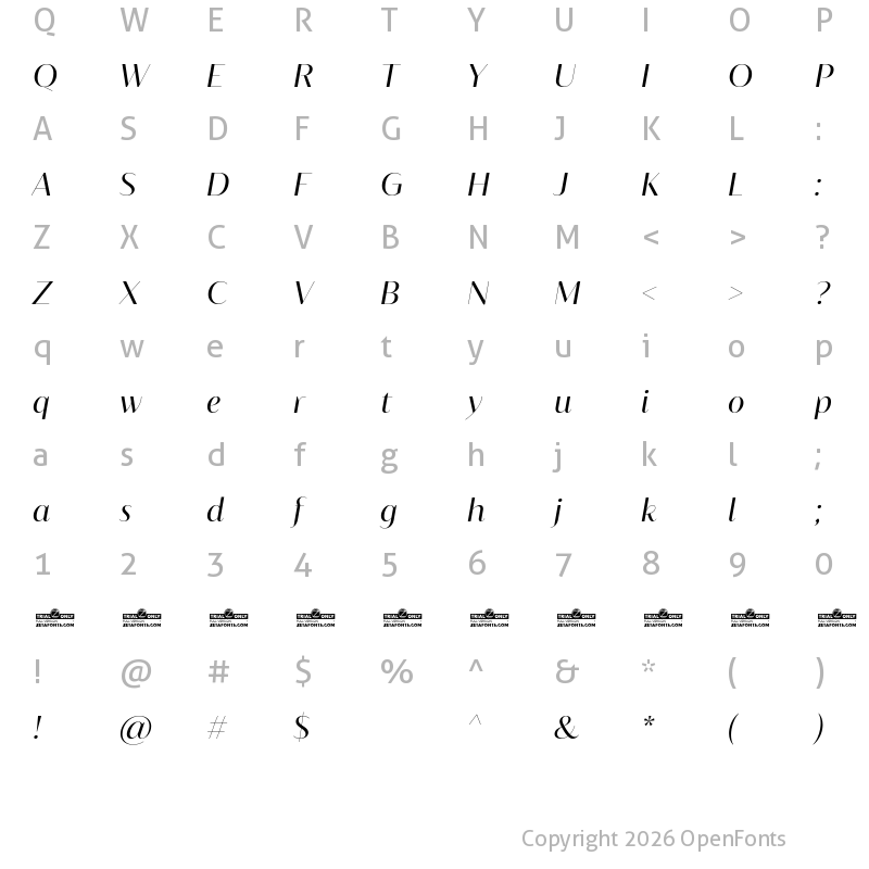 Character Map of Blacker Sans Display Trial Book Italic