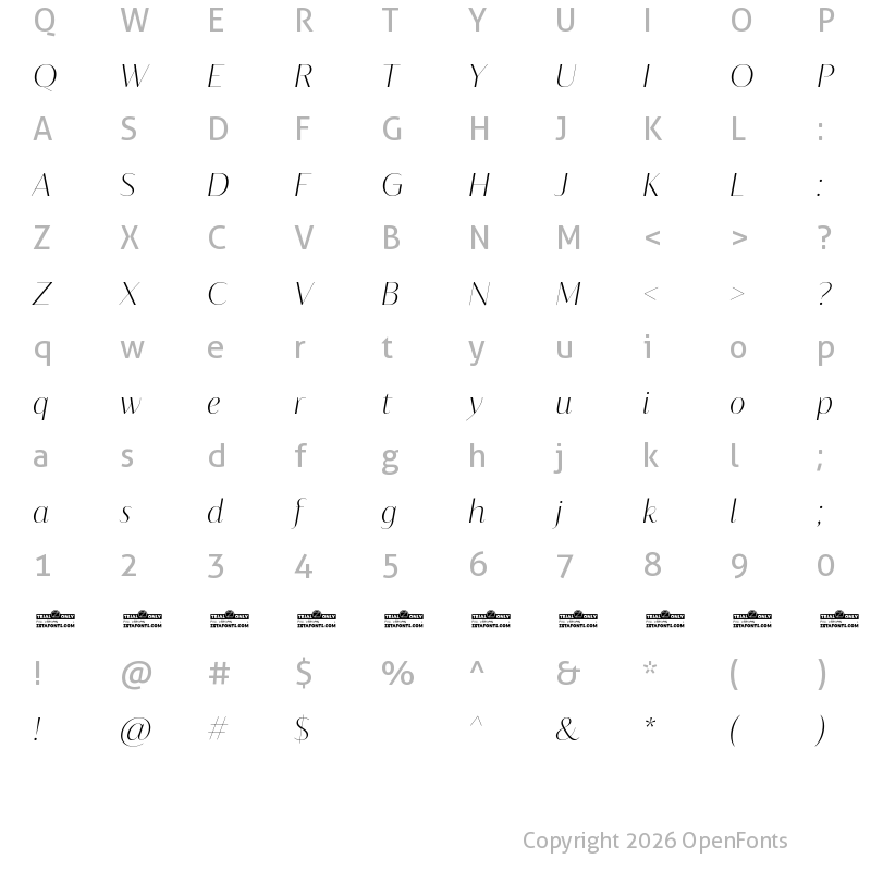 Character Map of Blacker Sans Display Trial Extralight Italic