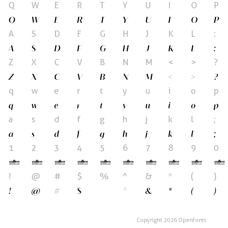 Character Map of Blacker Sans Display Trial Italic