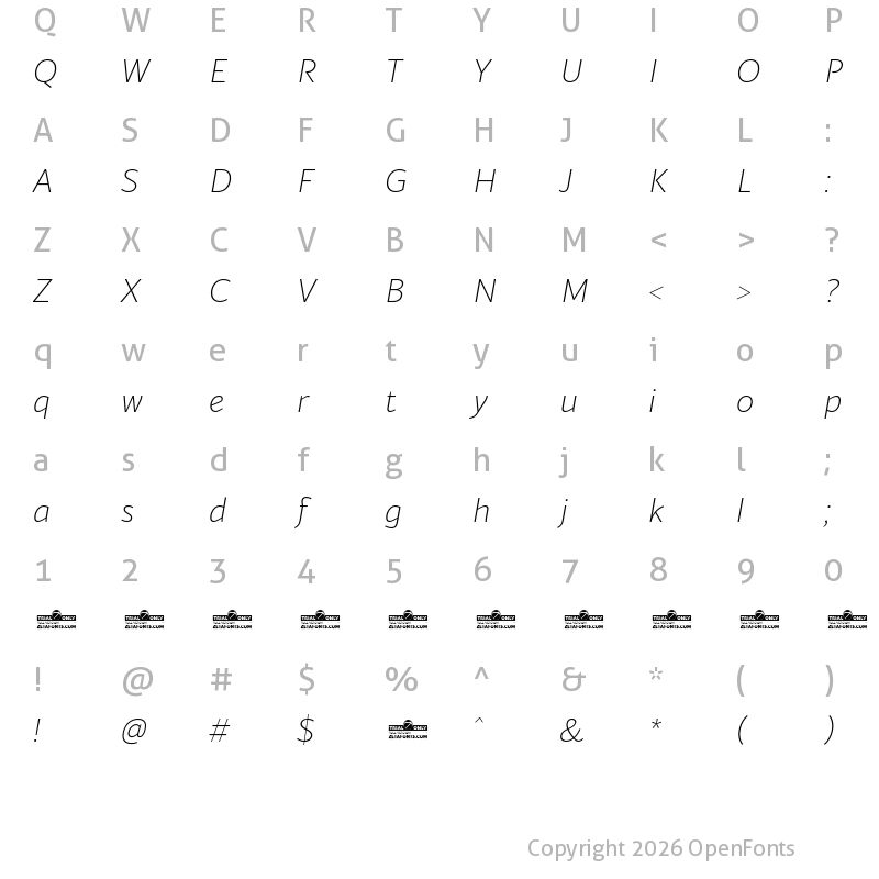 Character Map of Blacker Sans Trial Extralight Italic